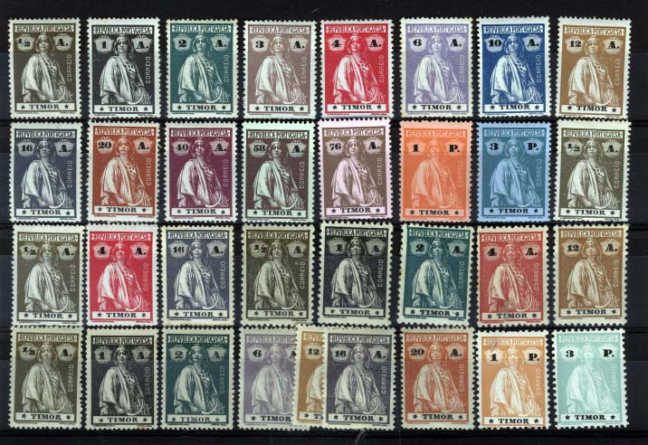 1726.jpg -     Lote:    1726            Timor       Descrição:         1913 &mdash; Ceres. CE162/176. Sem charneira com excepção dos selos CE175/178. Série completa em papel porcelana + repetições em papel liso, pontinhado e denteado 12 &frac12;. Valor de catálogo &euro; 160,00.        ***/**       Valor Base:     &euro; 40,00     Valor Venda:     &euro; 95,00     