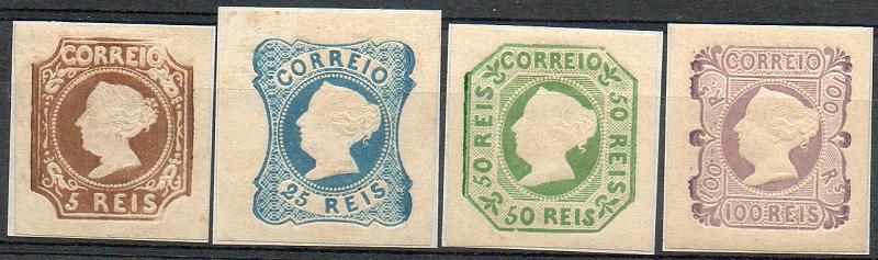 1974.jpg -     Lote:    1974            Portugal       Descrição:         Reimpressões de 1863. 1853 &mdash; D. Maria II. CE &frac14;. Série completa com margens largas. Valor de catálogo &euro; 1.568,00.        R**       Valor Base:     &euro; 300,00     Valor Venda:     Retirado     