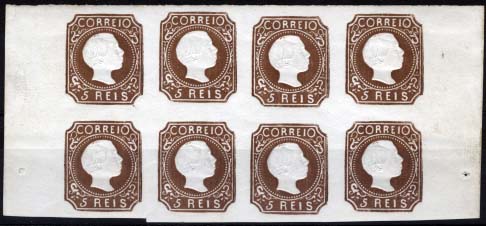 1977.jpg -     Lote:    1977            Portugal       Descrição:         Reimpressões de 1885. 1855/1856 &mdash; D. Pedro V. Cabelos lisos. CE5, 5 reis castanho. Bloco de 8 reimpressões. MB e R. Valor de catálogo &euro; 880,00.        R***       Valor Base:     &euro; 100,00     Valor Venda:     Retirado     