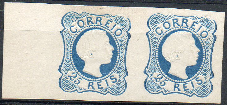 1978.jpg -     Lote:    1978            Portugal       Descrição:         Reimpressões de 1885. 1855/56 &mdash; D. Pedro V. Cabelos lisos. CE7, 25 reis azul. Par horizontal bordo de folha. Valor de catálogo &euro; 220,00.        R*       Valor Base:     &euro; 40,00     Valor Venda:     Retirado     