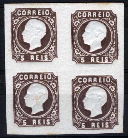 1984.jpg -     Lote:    1984            Portugal       Descrição:         Reimpressões de 1885. 1862/64 &mdash; D. Luís I. CE14, 5 reis castanho. Quadra. Valor de catálogo &euro; 440,00.        ***/**       Valor Base:     &euro; 60,00     Valor Venda:     Retirado     