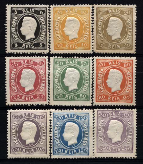 1988.jpg -     Lote:    1988            Portugal       Descrição:         Reimpressões de 1885. 1867/70 &mdash; D. Luís I. Fita curva, denteado. CE27/35. Série completa em denteado 13 &frac12;. MB. Valor de catálogo &euro; 623,00.        R*       Valor Base:     &euro; 90,00     Valor Venda:     &euro; 110,00     