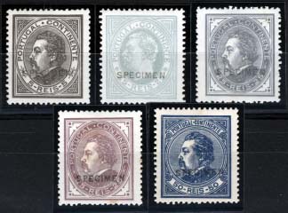 1991.jpg -     Lote:    1991            Portugal       Descrição:         Reimpressões de 1885. 1880/81 &mdash; D. Luís I, de perfil. Série completa com sobrecarga "SPECIMEN" a preto, com duplicação na cor do selo de 25 reis, em denteado 13 &frac12;. CE52/55. Valor de catálogo &euro; 142,50.        R*       Valor Base:     &euro; 30,00     Valor Venda:     &euro; 44,00     