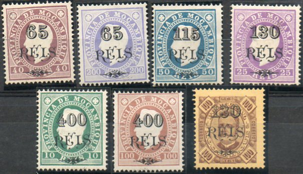 2003.jpg -     Lote:    2003            Moçambique       Descrição:         Reimpressões de 1905. 1903 &mdash; D. Luís I e D. Carlos I com sobretaxa. Série completa com 7 reimpressões em denteado 13 &frac12;, CE69, 70, 72, 73, 75, 76 e 84. Valor de catálogo &euro; 56,00.        R**       Valor Base:     &euro; 20,00     Valor Venda:     &euro; 420,00     