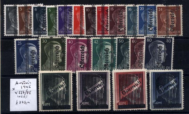 2005.jpg -     Lote:    2005                   Descrição:      Áustria.   1945 &mdash; Selos da Alemanha com sobrecarga. Yv553/75. Valor de catálogo &euro; 375,00.        **       Valor Base:     &euro; 40,00     Valor Venda:     &euro; 70,00     
