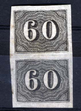 2010.jpg -     Lote:    2010                   Descrição:      Brasil.   1850 &mdash; Números verticais. Par vertical de 60 reis em preto.         ***       Valor Base:     &euro; 10,00     Valor Venda:     Retirado     