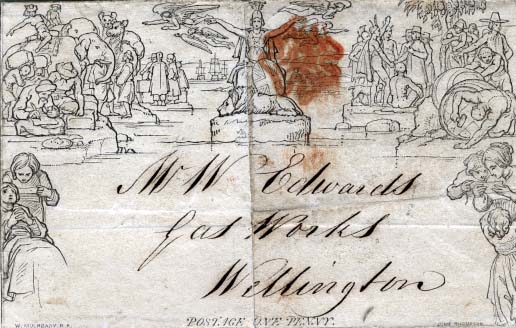 2016.jpg -     Lote:    2016                   Descrição:      Inglaterra.   Mulready. 1 penny. Inteiro postal, tipo A19, circulado de Shrewsbury (30.01.1841) para Wellington. Dobra ao centro.         IC       Valor Base:     &euro; 75,00     Valor Venda:     Retirado     