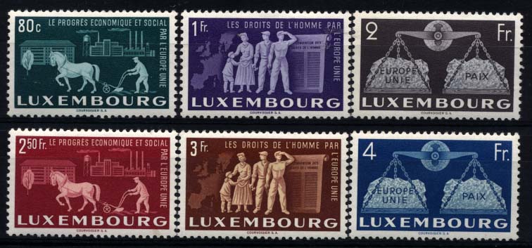 2019.jpg -     Lote:    2019                   Descrição:      Luxemburgo.   1951 &mdash; Para uma Europa unida. Yv443/48. Valor de catálogo &euro; 110,00        **       Valor Base:     &euro; 20,00     Valor Venda:     Retirado     