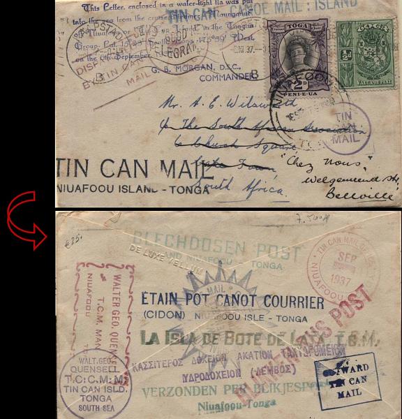 2022.jpg -     Lote:    2022                   Descrição:      Tonga &mdash; Correio de canoa (Tin Can &mdash; Canoe Mail).   Sobrescrito circulado de Niuafoou (18.09.37) para Cape Town (02.11.37) e reendereçada para Bellville, com selos de &frac12; e 2 d. Yv 53, 66. MB e R.        Carta       Valor Base:     &euro; 30,00     Valor Venda:     &euro; 34,00     