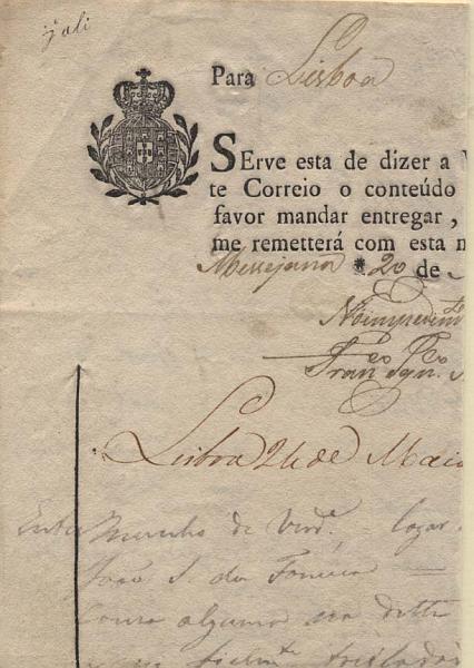 2069.jpg -     Lote:    2069      Lotes pelo Correio             Descrição:      Messejana &mdash;   Cautela de seguro remetida da Messejana (20.05.1820) para Lisboa (24.05.1820).         DOC       Valor Base:     &euro; 5,00     Valor Venda:     Retirado     