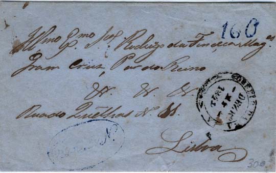 2077.jpg -     Lote:    2077      Lotes pelo Correio             Descrição:      Lisboa * C. Est. de N. &mdash;   A azul,GM LSB CEst2 em carta datada da Baía (22.12.1842) para Lisboa (15.02.42), porteada em 160 reis (azul).        Carta       Valor Base:     &euro; 15,00     Valor Venda:     &euro; 15,00     