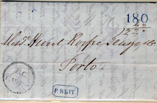 2078.jpg -     Lote:    2078      Lotes pelo Correio             Descrição:      Lisboa * Paquete Britânico &mdash;   A azul, GM LSB PB1 em carta remetida de Cadiz (04.10.1839) para o Porto, com trânsito por Lisboa (06.10.39). Porteada em 180 reis batido a azul ao qual acresceu o porte territorial de 40 reis, manuscrito a sépia. Data mais antiga que a catalogada. B.        Carta       Valor Base:     &euro; 10,00     Valor Venda:     &euro; 12,00     