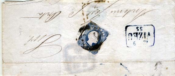 2080.jpg -     Lote:    2080      Lotes pelo Correio      Portugal       Descrição:         1855/56 &mdash; D. Pedro V. Cabelos lisos. CE6, 25 reis azul, cunho I, sobre parte de carta circulada de Viseu (12.09.55) para Lisboa (14.09.55).        Carta       Valor Base:     &euro; 5,00     Valor Venda:     &euro; 5,00     