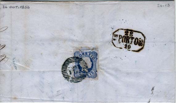 2081.jpg -     Lote:    2081      Lotes pelo Correio      Portugal       Descrição:         1856/58 &mdash; D. Pedro V. Cabelos anelados. CE12, 25 reis azul em carta circulada de Caminha (26.10.58) para o Porto (28.10.58). Carimbo circular datado de CAMINHA e numérico da 1.ª reforma "104" batidos a verde-azul. MB.        Carta       Valor Base:     &euro; 10,00     Valor Venda:     &euro; 10,00     
