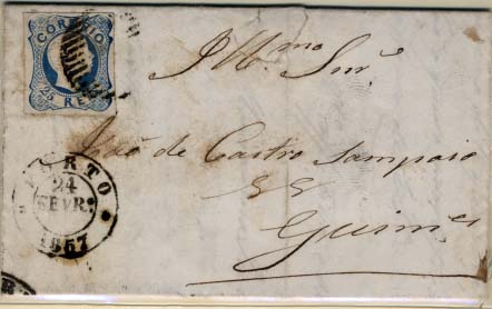 2082.jpg -     Lote:    2082      Lotes pelo Correio      Portugal       Descrição:         1856/58 &mdash; D. Pedro V. Cabelos anelados. CE12, 25 reis azul (linhas duplas), tipo I, em carta circulada do Porto (24.02.57) para Guimarães. Selo com margens curtas.        Carta       Valor Base:     &euro; 6,00     Valor Venda:     &euro; 6,00     