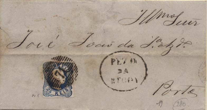 2083.jpg -     Lote:    2083      Lotes pelo Correio      Portugal       Descrição:         1856/58 &mdash; D. Pedro V. Cabelos anelados. CE12, 25 reis azul em carta circulada de Peso da Régua para o Porto (17.09.56), obliterados com carimbos "71" e "PEZO DA REGOA". Selos com margens curtas.        Carta       Valor Base:     &euro; 10,00     Valor Venda:     &euro; 10,00     