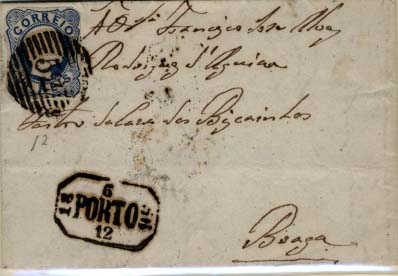 2084.jpg -     Lote:    2084      Lotes pelo Correio      Portugal       Descrição:         1856/58 &mdash; D. Pedro V. Cabelos anelados. CE12, 25 reis azul, margens curtas, circulado em carta remetida do Porto (06.12.56) para o Braga. Carimbo da 1.ª reforma "52", batido a preto.        Carta       Valor Base:     &euro; 5,00     Valor Venda:     &euro; 5,00     