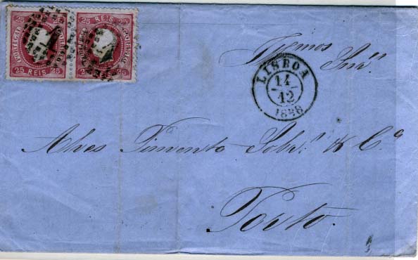 2086.jpg -     Lote:    2086      Lotes pelo Correio      Portugal       Descrição:         Carimbos nominativos. 1867/70 &mdash; D. Luís I. Fita curva, denteados. CE30, 25 reis carmim. Par horizontal em carta circulada de Lisboa (14.12.1868) para o Porto (15.12.68).        Carta       Valor Base:     &euro; 10,00     Valor Venda:     &euro; 10,00     