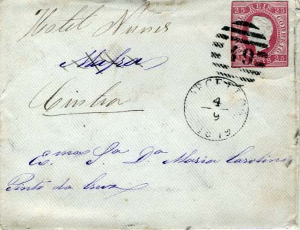 2087.jpg -     Lote:    2087      Lotes pelo Correio      Portugal       Descrição:         1870/76 &mdash; D. Luís I, fita direita. CE40, 25 reis carmim, papel liso, aparado à tesoura, em sobrescrito circulado de Barcelos (04.09.79) para Mafra e reendereçado para Sintra com trânsito por Lisboa (05.09.79).        Carta       Valor Base:     &euro; 8,00     Valor Venda:     Retirado     