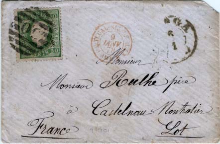 2088.jpg -     Lote:    2088      Lotes pelo Correio      Portugal       Descrição:         1870/769 &mdash; D. Luís I. Fita direita. CE41, 50 reis verde, denteado 13 &frac12;, em carta circulada de Braga (06.01.78) para França (09.01.78).        Carta       Valor Base:     &euro; 15,00     Valor Venda:     &euro; 15,00     