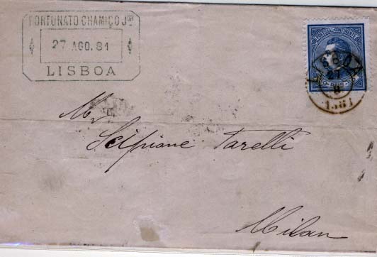 2090.jpg -     Lote:    2090      Lotes pelo Correio      Portugal       Descrição:         1880/81 &mdash; D. Luís I de perfil. CE55, 50 reis azul, denteado 12 &frac12;, papel liso sobre carta circulada de Lisboa (27.08.81) para Milão.        Carta       Valor Base:     &euro; 15,00     Valor Venda:     Retirado     