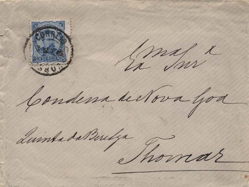 2092.jpg -     Lote:    2092      Lotes pelo Correio      Portugal       Descrição:         1882/1883 &mdash; D. Luís I de frente. Sobrescrito circulado de Lisboa (08.09.85) para Tomar, com selo de 50 reis azul claro, denteado 12 &frac12;, papel liso CE58.        Carta       Valor Base:     &euro; 5,00     Valor Venda:     &euro; 5,00     
