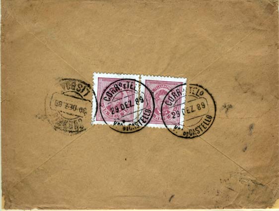 2094.jpg -     Lote:    2094      Lotes pelo Correio      Portugal       Descrição:         1884/87 &mdash; D. Luís I de frente. Novos valores. Sobrescrito circulado de Viana do Castelo (29.12.89) para Lisboa (30.12.89), com 2 selos de 25 reis lilás rosa, papel porcelana, denteado 11 &frac12;, CE63. 2.º porte do correio interno.        Carta       Valor Base:     &euro; 10,00     Valor Venda:     &euro; 10,00     