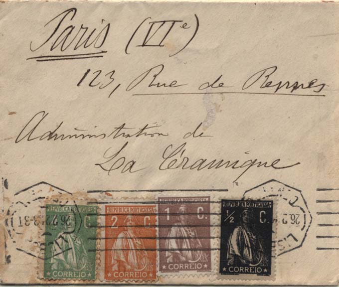 2095.jpg -     Lote:    2095      Lotes pelo Correio      Portugal       Descrição:         1912/20 &mdash; Ceres. Sobrescrito circulado de Lisboa (26.02.23) para Paris, com selos de &frac12; c CE207, 1, 2 e 4 c CE221, 223 e 226.        Carta       Valor Base:     &euro; 3,00     Valor Venda:     &euro; 3,00     