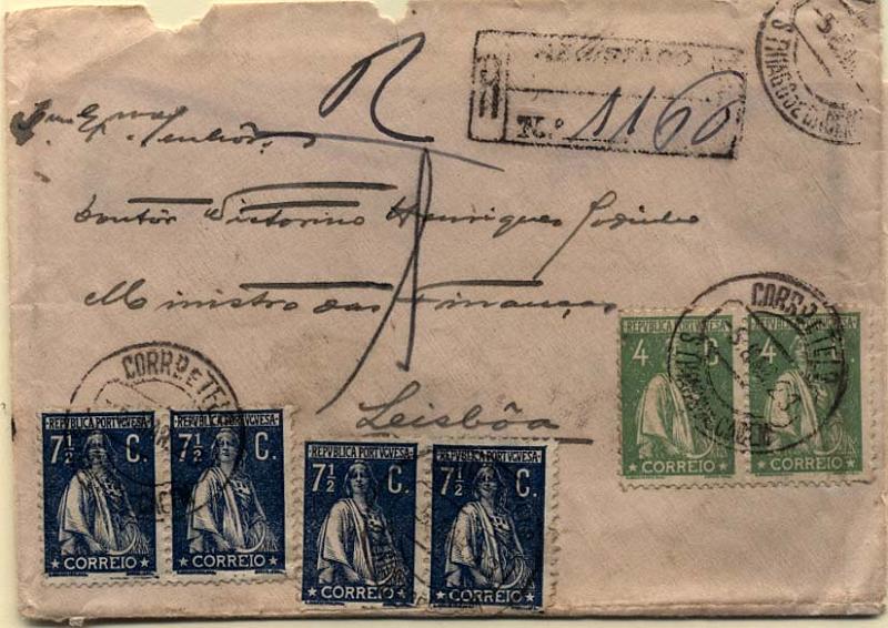 2098.jpg -     Lote:    2098      Lotes pelo Correio      Portugal       Descrição:         1917/20 &mdash; Ceres. Novas taxas e cores. Sobrescrito circulado registado de Santiago do Cacém (05.03.23) para Lisboa (07.03.23) com par de selos de 4C verde CE226, par de 6C lilás rosa no verso CE228 e dois pares de 7 &frac12; C azul escuro CE229. Todos em denteado 12x11 &frac12;.        Carta       Valor Base:     &euro; 10,00     Valor Venda:     &euro; 14,00     