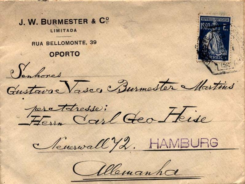 2099.jpg -     Lote:    2099      Lotes pelo Correio      Portugal       Descrição:         1924/26 &mdash; Ceres, novas taxas e cores. Sobrescrito circulado do Porto (18.10.26) para a Alemanha, com selo de 1$60 azul claro, CE291 + sobrescrito circulado do Porto (20.11.27) para a Alemanha, com selo de 1$60 azul escuro, CE414. No verso ilustração relacionada com o "VINHO DO PORTO"..        Carta       Valor Base:     &euro; 5,00     Valor Venda:     &euro; 9,00     