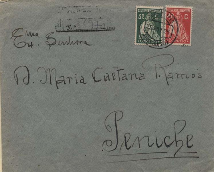 2101.jpg -     Lote:    2101      Lotes pelo Correio      Portugal       Descrição:         1926 &mdash; Emissão Londres. Sobrescrito circulado registado da Figueira da Foz (25.11.28) para Peniche (26.11.28) com selos de 32 e 48c CE405/407.        Carta       Valor Base:     &euro; 10,00     Valor Venda:     &euro; 16,00     