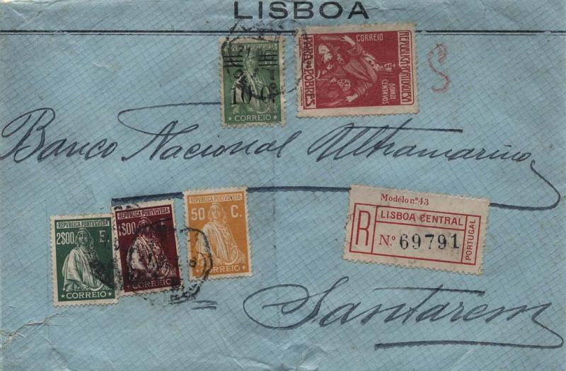 2103.jpg -     Lote:    2103      Lotes pelo Correio      Portugal       Descrição:         1926/29 &mdash; Ceres, emissão Londres + Ceres com sobretaxa + Imposto Postal "Para os Pobres". Sobrescrito circulado registado de Lisboa (21.06.29) para Santarém com selos de 50C, 1$00, 2$00, 10 c s/ 4C e 15C. CE408, 412, 415, 457 e IP10.        Carta       Valor Base:     &euro; 15,00     Valor Venda:     &euro; 15,00     