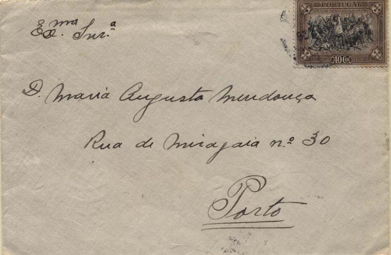 2104.jpg -     Lote:    2104      Lotes pelo Correio      Portugal       Descrição:         1928 &mdash; Independência de Portugal (3.ª emissão). Sobrescrito circulado de Santarém para o Porto (28.11.28) com selo de 40C sépia CE444.        Carta       Valor Base:     &euro; 8,00     Valor Venda:     Retirado     