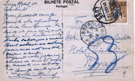2106.jpg -     Lote:    2106      Lotes pelo Correio      Portugal       Descrição:         1928/29 &mdash; Ceres, com sobretaxa. CE484, 96C s/ 1$20 bistre, denteado 12x11 &frac12;. Postal ilustrado circulado do Luso (21.08.29) para França (26.08.29).         PI       Valor Base:     &euro; 8,00     Valor Venda:     &euro; 8,00     