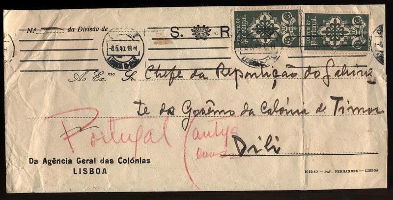 2109.jpg -     Lote:    2109      Lotes pelo Correio      Portugal       Descrição:         1940 &mdash; Legião Portuguesa. CE587, 40 c verde. Sobrescrito circulado de Lisboa (08.05.40) para Díli * Timor, com dois selos.         Carta       Valor Base:     &euro; 10,00     Valor Venda:     Retirado     