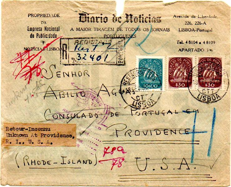 2110.jpg -     Lote:    2110      Lotes pelo Correio      Portugal       Descrição:         1943 &mdash; Caravela. Sobrescrito circulado registado de Lisboa (18.02.50) para os EUA (20.02.50) e devolvido ao remetente para Lisboa (06.04.50) com selos de $30 (2) e 10#00, CE621 e 630. Sobrescrito com pequenos defeitos.        Carta       Valor Base:     &euro; 5,00     Valor Venda:     &euro; 10,00     