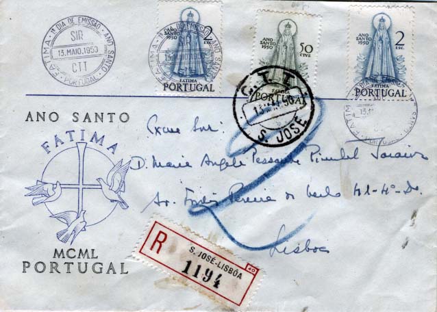 2111.jpg -     Lote:    2111      Lotes pelo Correio      Portugal       Descrição:         1950 &mdash; Ano Santo. CE719 e 721. Sobrescrito circulado registado em Lisboa (13.05.50), com selos obliterados por carimbo de 1.º dia de Fátima (13.05.50), com um selo de $50 e 2 x 2$00.        FDC       Valor Base:     &euro; 15,00     Valor Venda:     Retirado     