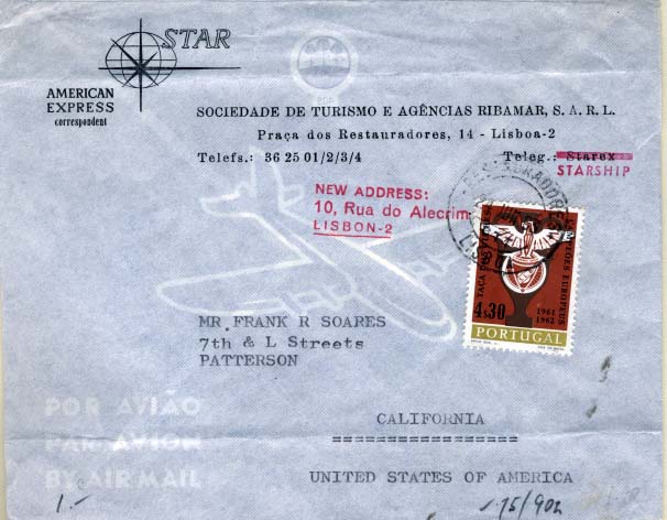 2113.jpg -     Lote:    2113      Lotes pelo Correio      Portugal       Descrição:         1963 &mdash; Dupla Victória do Sport Lisboa e Benfica na Taça dos Clubes Campeões Europeus. CE905, 4$30 sobre carta circulada de Lisboa (24.06.63) para os EUA.        Carta       Valor Base:     &euro; 6,00     Valor Venda:     &euro; 22,00     