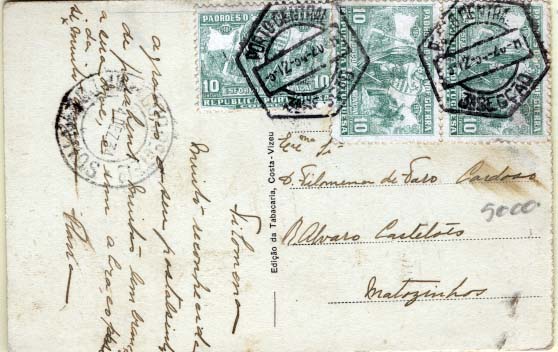 2114.jpg -     Lote:    2114      Lotes pelo Correio      Portugal       Descrição:         1925 &mdash; Padrões da Grande Guerra. CE IP14, 10c verde. Postal ilustrado circulado do Porto (05.12.34) para Matosinhos (04.12.34) com 3 selos (utilizados como selos de recurso do correio ordinário).        PI       Valor Base:     &euro; 8,00     Valor Venda:     &euro; 8,00     