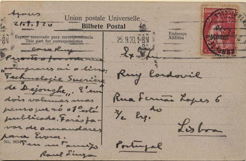2116.jpg -     Lote:    2116      Lotes pelo Correio      Açores       Descrição:         1918/21 &mdash; Ceres. Selos do Continente com sobrecarga "Açores". CE167, 3C carmim, denteado 15x14. Postal ilustrado circulado de Ponta Delgada (21.09.30) para Lisboa (25.09.20).        PI       Valor Base:     &euro; 6,00     Valor Venda:     &euro; 6,00     