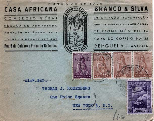 2117.jpg -     Lote:    2117      Lotes pelo Correio      Angola       Descrição:         1932/38 &mdash; Ceres + Império Colonial. Sobrescrito circulado de Benguela para Nova York, com trânsito por Lisboa (14.02.47), com selos de 10c CE230, 3x$50 CE236 e 20c CE CA2.        Carta       Valor Base:     &euro; 5,00     Valor Venda:     &euro; 11,00     