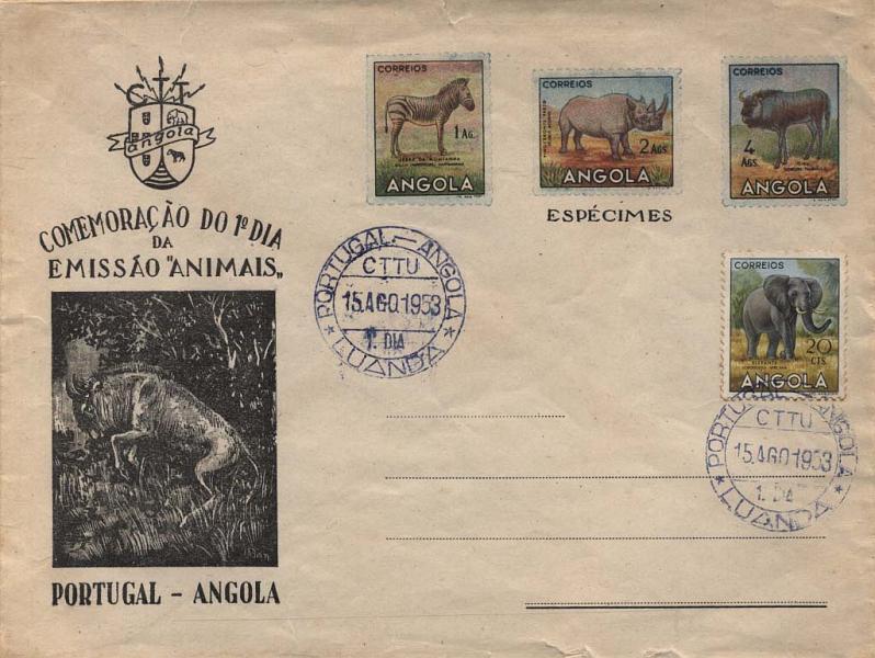 2118.jpg -     Lote:    2118      Lotes pelo Correio      Angola       Descrição:         1953 &mdash; Animais de Angola. Lote de dois sobrescritos comemorativos do 1.º dia da emissão "ANIMAIS". UM com adicional de 20c obliterado com o carimbo comemorativo do 1.º dia de circulação, e outro novo.         Carta       Valor Base:     &euro; 6,00     Valor Venda:     &euro; 10,00     