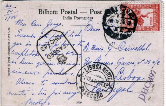 2120.jpg -     Lote:    2120      Lotes pelo Correio      Índia       Descrição:         1938 &mdash; Império Colonial Português. CE354, 1 &frac12; T vermelho em postal circulado de Goa (30.07.44) para Lisboa (02.12.44). Censura da Índia Inglesa.        PI       Valor Base:     &euro; 5,00     Valor Venda:     &euro; 12,00     