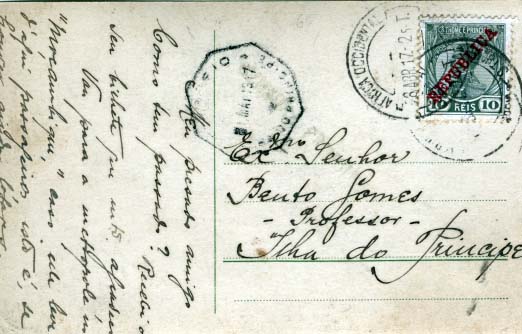 2125.jpg -     Lote:    2125      Lotes pelo Correio      S. Tomé e Príncipe       Descrição:         1912 &mdash; D. Manuel II, com sobrecarga REPUBLICA. CE113, 10 reis verde, sobre postal circulado de S. Tomé (08.04.17) para o Príncipe (01.05.17).         PI       Valor Base:     &euro; 6,00     Valor Venda:     Retirado     
