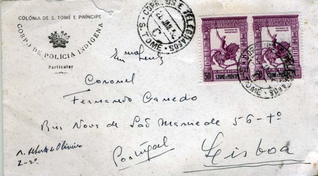 2126.jpg -     Lote:    2126      Lotes pelo Correio      S. Tomé e Príncipe       Descrição:         1939 &mdash; Império Colonial Português. CE327, 50C lilás-rosa. Par circulado em sobrescrito timbrado do Corpo de Polícia Indígena, de S. Tomé (26.01.54) para Lisboa.        Carta       Valor Base:     &euro; 5,00     Valor Venda:     &euro; 7,00     