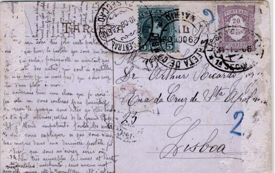 2186.jpg -     Lote:    2186      Lotes pelo Correio             Descrição:         Porteado. 1904 &mdash; Emissão Regular. Valor em reis. Postal ilustrado circulado de Madrid (29.10.06) para Lisboa (31.01.06) com franquia insuficiente. Porteado com o dobro do porte em falta com selo de 20 reis lilás, CE POR9.        PI       Valor Base:     &euro; 5,00     Valor Venda:     &euro; 5,00     