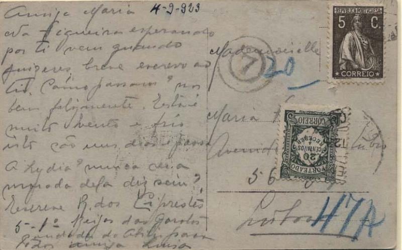2188.jpg -     Lote:    2188      Lotes pelo Correio             Descrição:         Porteado. 1922/27 &mdash; Emissão Regular (tipo de 1904). Unicolor. Postal ilustrado, circulado com insuficiência de franquia e porteado com selo de 20c POR34.        PI       Valor Base:     &euro; 3,00     Valor Venda:     &euro; 3,00     