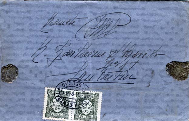 2189.jpg -     Lote:    2189      Lotes pelo Correio             Descrição:         Porteado. 1922/27 &mdash; Emissão Regular (Unicolor). Carta circulada de Santarém (08.02.31) para Lisboa (09.02.31) sem franquia. Foi porteada com o dobro do porte em 80c, com dois selos de 40c CE POR38.        Carta       Valor Base:     &euro; 8,00     Valor Venda:     Retirado     