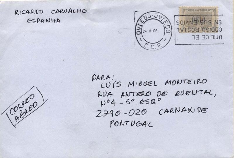 2190.jpg -     Lote:    2190      Lotes pelo Correio             Descrição:         Porteado. 1932/33 &mdash; Tipo Etiqueta. Sobrescrito circulado de Oviedo (24.08.06) para Portugal, com selo de 0$10 azul-cinzento CE46, como selo de correio normal de Espanha.        Carta       Valor Base:     &euro; 3,00     Valor Venda:     &euro; 3,00     