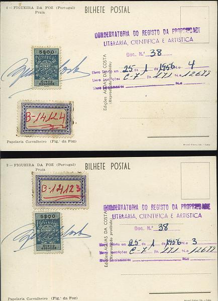 2270.jpg -     Lote:    2270      Lotes pelo Correio             Descrição:         Fiscais. Lote de 7 postais ilustrados da Figueira da Foz e Fátima, selados com selo fiscais de 5$00 (Escudo Nacional) para efeitos de registo na Conservatória do Registo da Propriedade Literária, Científica e Artística.        Lote       Valor Base:     &euro; 10,00     Valor Venda:     &euro; 10,00     